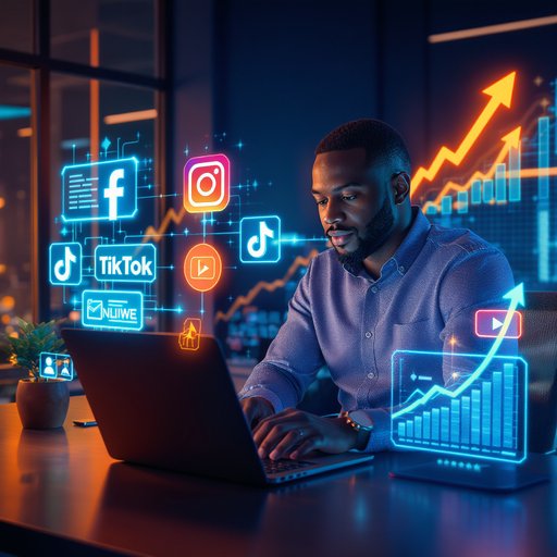 Une illustration moderne et minimaliste d’un entrepreneur assis devant un ordinateur portable, entouré d’icônes de réseaux sociaux (Facebook, Instagram, TikTok, YouTube). Style flat design, couleurs bleu digital et orange, ambiance professionnelle mais dynamique, avec des éléments graphiques représentant la croissance (flèches, graphiques, courbes ascendantes). L’image doit inspirer le succès, la maîtrise du digital et la visibilité en ligne. Haute résolution, esthétique propre, adaptée à une publicité Facebook ou Instagram.