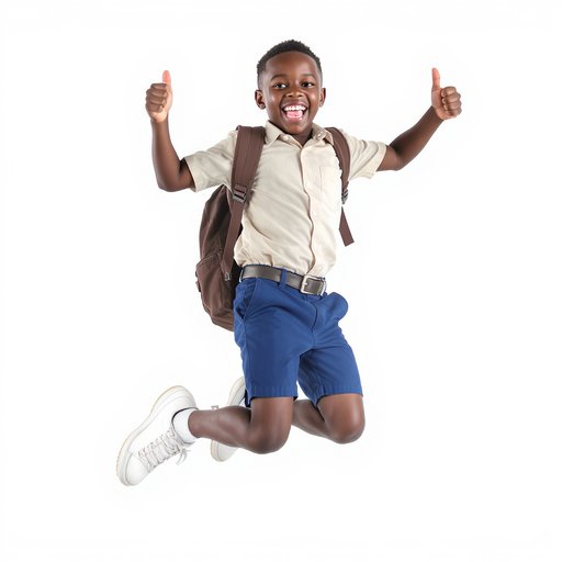 Generate an image of a joyful young Black African boy jumping in the air with a big smile on his face. He is wearing a uniform (a short-sleeve beige button-up shirt tucked into blue shorts with a belt). He has a brown backpack on his back and is giving two thumbs up. The boy is wearing white sneakers. The background is white and isolated. The image is vibrant and full of positive energy. Editorial style, ultra-realistic, with details, 16:9 ratio.