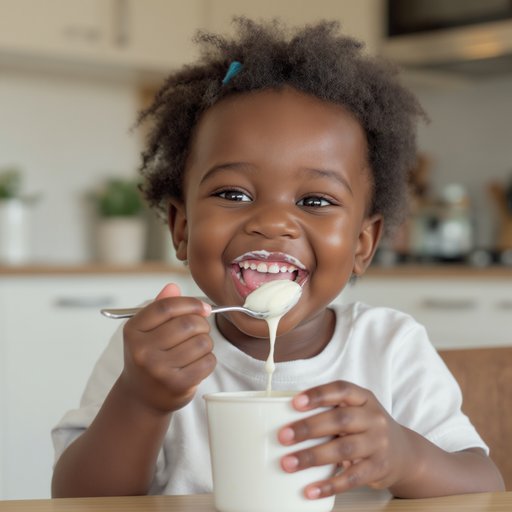 A joyful young African child with curly hair, sitting indoors in a bright kitchen, happily eating creamy yogurt from a cup with a spoon. The child is wearing a white shirt and has yogurt on their mouth, smiling widely with a playful expression. The background is softly blurred, showing a modern kitchen environment. Warm lighting, high resolution, natural colors