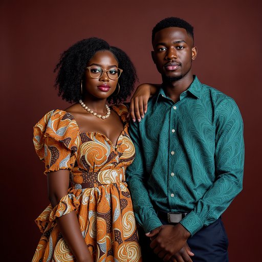 Two young adults, a woman and a man, are standing close together against a deep brownish-maroon background. The woman, positioned slightly to the left of center, is of dark complexion and appears to be in her late teens or early twenties. She wears a vibrant, colorful batik-style dress with a mix of  brown, orange, and teal hues. The dress features ruffled details on the sleeves and hem.  She is wearing  gold-rimmed eyeglasses and a strand of pearl necklaces. Her expression is neutral.  The man, standing slightly behind and beside her, has dark complexion and is also in his late teens or early twenties. He is wearing a teal-colored, patterned, short-sleeved shirt with dark navy pants.  He has a simple, neutral facial expression. The man's hands are clasped together in front of him. The woman's right hand is resting on the man's shoulder. The lighting is even and neutral, casting no significant shadows, creating a studio-like atmosphere. The composition is centered on the two subjects, placing them as the central focus. The teal and brown colors dominate the attire, while the muted brown background complements the subjects' outfits. The style is contemporary and suggests a portrait or lifestyle image. The overall atmosphere is friendly and respectful.