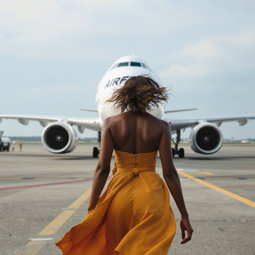 Une jeune africaine de dos marche vers un avion air France. Image vue de perspective.