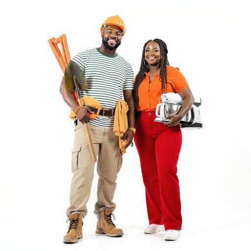 Un visuel publicitaire dynamique présente un homme et une femme tous noir africain, joyeux, semblant faire du shopping. L'homme, vêtu d'un t-shirt vert blanc, d'un pantalon beige et d'un casque de chantier, bottes marron de chantier, tient des matériels de constructions(pèle, gants, tuyaux orange, escalier...). La femme noir africaine, coiffure natte collées, avec une tenue orange et un pantalon rouge, basket blanche tient des produits électroménagères (fer à repasser, mixer, cafetière,...etc) , regardant vers la caméra. Ils sont positionnés devant un fond blanc épuré. La composition est pleine, avec une perspective légèrement ascendante. L'éclairage est clair et uniforme, mettant en valeur les couleurs vives et l'ambiance joyeuse.