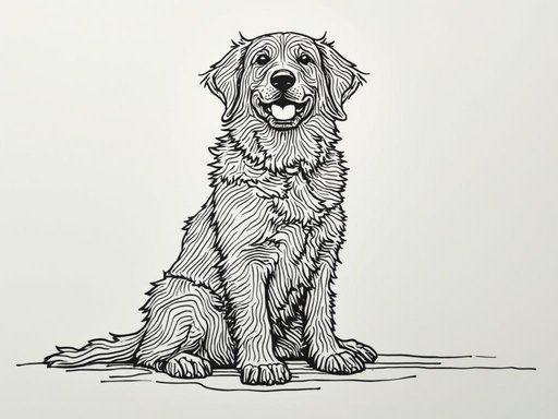 Black-and-white continuous line art of a sitting dog minimalist and abstract