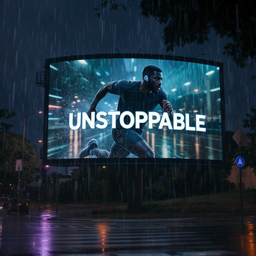 A massive billboard in a modern African roundabout , featuring a young man running through rain, wearing wireless earbuds, city lights reflecting on the wet pavement. The only text on the billboard is “UNSTOPPABLE”. Moody blue lighting, dynamic motion, cinematic energy, urban premium aesthetic.