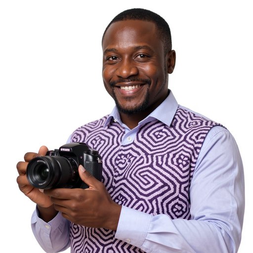 Studio portrait of a smiling African man, holding a modern DSLR camera, wearing a shirt, against a plain white background, photographed at maximum resolution.. Match the textile to the image and apply it realistically to the woman's dress with the camera.