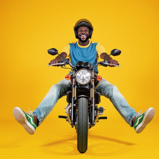 Generate an ultra-realistic editorial style image of joyful Black African man sitting on a motorcycle seen from the front. He is wearing a black helmet, a yellow t-shirt with blue short sleeves, light jeans, and green-and-white sneakers. His legs are spread wide in a dynamic and fun pose, while he holds the handlebars enthusiastically. The background is solid bright yelloww, clean and minimal, with sharp details in a 16:9 ratio