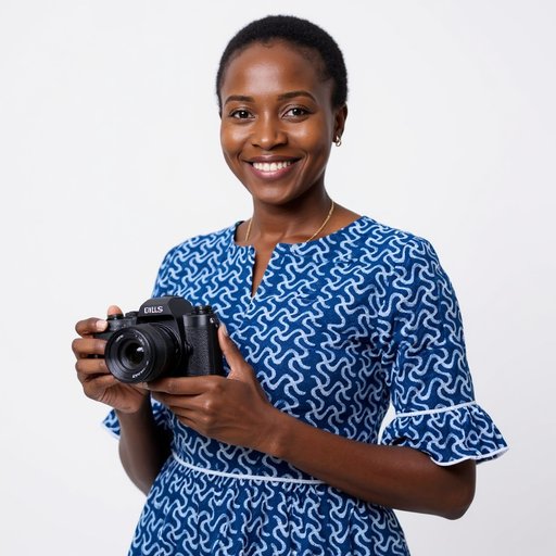 Studio portrait of an African woman with a smile, holding a DLS camera, wearing a dress, on a plain white background, photographed with a shallow depth of field and maximum resolution. Match the textile to the image and apply it realistically to the woman's dress with the camera.