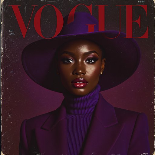 A stylish young African woman on the cover of a vintage fashion magazine like VOGUE, wearing a deep purple wide-brimmed hat and a matching turtleneck and blazer, elegant and poised, looking confidently at the camera, moody warm lighting, studio backdrop, high-fashion editorial look, vintage halftone texture, 1970s retro color grading, symmetrical composition, magazine title text on top, stylish typography, realistic photography, cinematic portrait --ar 1:1 --v 5 --style raw
