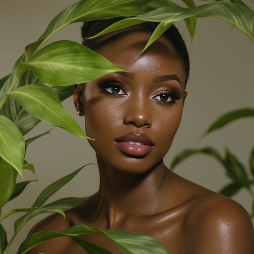 Portrait artistique d’une femme togolaise, mise en valeur par un visage élégant et naturel, entouré de feuilles vertes luxuriantes comme un écrin. Style shooting professionnel pour une marque de cosmétique haut de gamme. Lumière douce et naturelle, peau éclatante et mise en avant de la beauté africaine. Ambiance raffinée, minimaliste et organique.