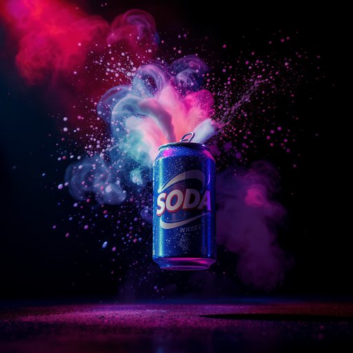 A soda can exploding open with mist and droplets flying, set against a dark background with colored spotlights, product levitating slightly, strong contrast and product focus, commercial ad style
