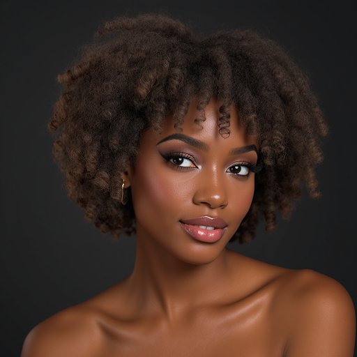 An ultra-realistic photograph of a young African woman with beautiful natural hair, styled elegantly to highlight her healthy curls. The setting is a professional studio with soft, even lighting to emphasize her radiant skin and the texture of her hair. The focus is on her expression of confidence and self-assurance, conveying the quality and appeal of the hair product. Capture this in a square aspect ratio with meticulous attention to detail, using a Sony A7R IV, 85mm f/1.4 lens for impeccable image quality, and vibrant color grading to enhance the essence of modern beauty.