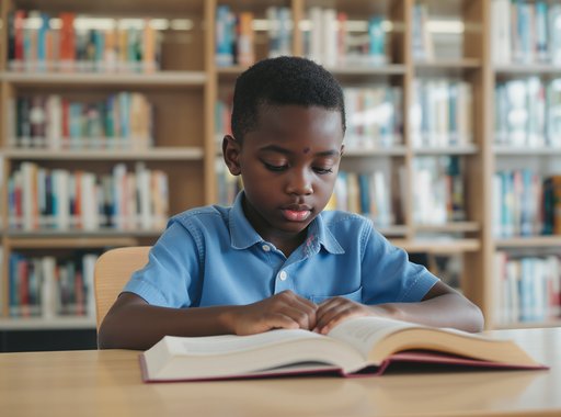 Un jeune garçon dans une bibliothèque