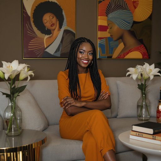 Une jeune femme africaine de 30 ans aux cheveux tressés en noir, dans une chemise en pagne Akan, souriante avec les bras croisés dans une posture confiante est assise dans un sofa entre deux tables futuristes. Sur les tables, il y a des pots de fleur de lys, des cahiers et des livres. Derrière elle, des tableaux de décors au design afro futuristes. Le rendu visuel est cinématique. Éclairage : lumière douce. Mouvement de caméra : Plan large. Résolution et format : HD en format carré.