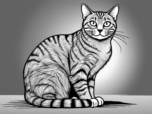 Black-and-white continuous line art of a sitting cat minimalist and abstract