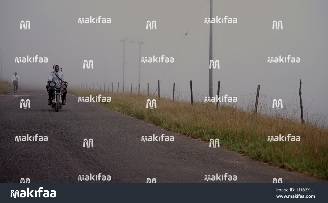 Motorcyclists on a foggy road in the countryside 