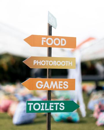Panneaux directionnels vers les stands de nourriture, les jeux et les toilettes.