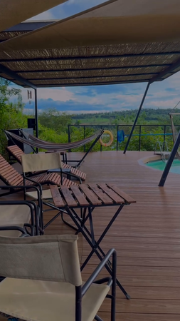 Beautiful view with a swimming pool in a green setting