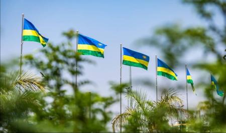 Mpangilio wa bendera za Rwanda zinazopeperushwa katika mazingira ya kitropiki yenye jua